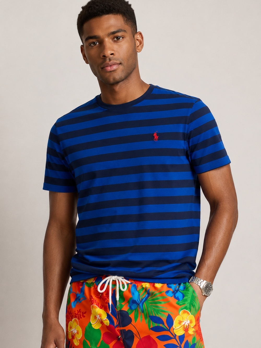 Polo Ralph Lauren Navy and Royal Blue Striped Tee with Red Pony